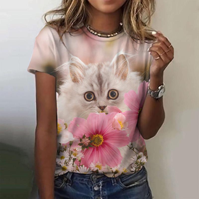 T-Shirt für Damen Sommer Niedlicher Katzen-Print O-Ausschnitt Klein Frisch Harajuku Lässig Pullover Gestreift Grafik Damen Streetwear Damen Oberteile
