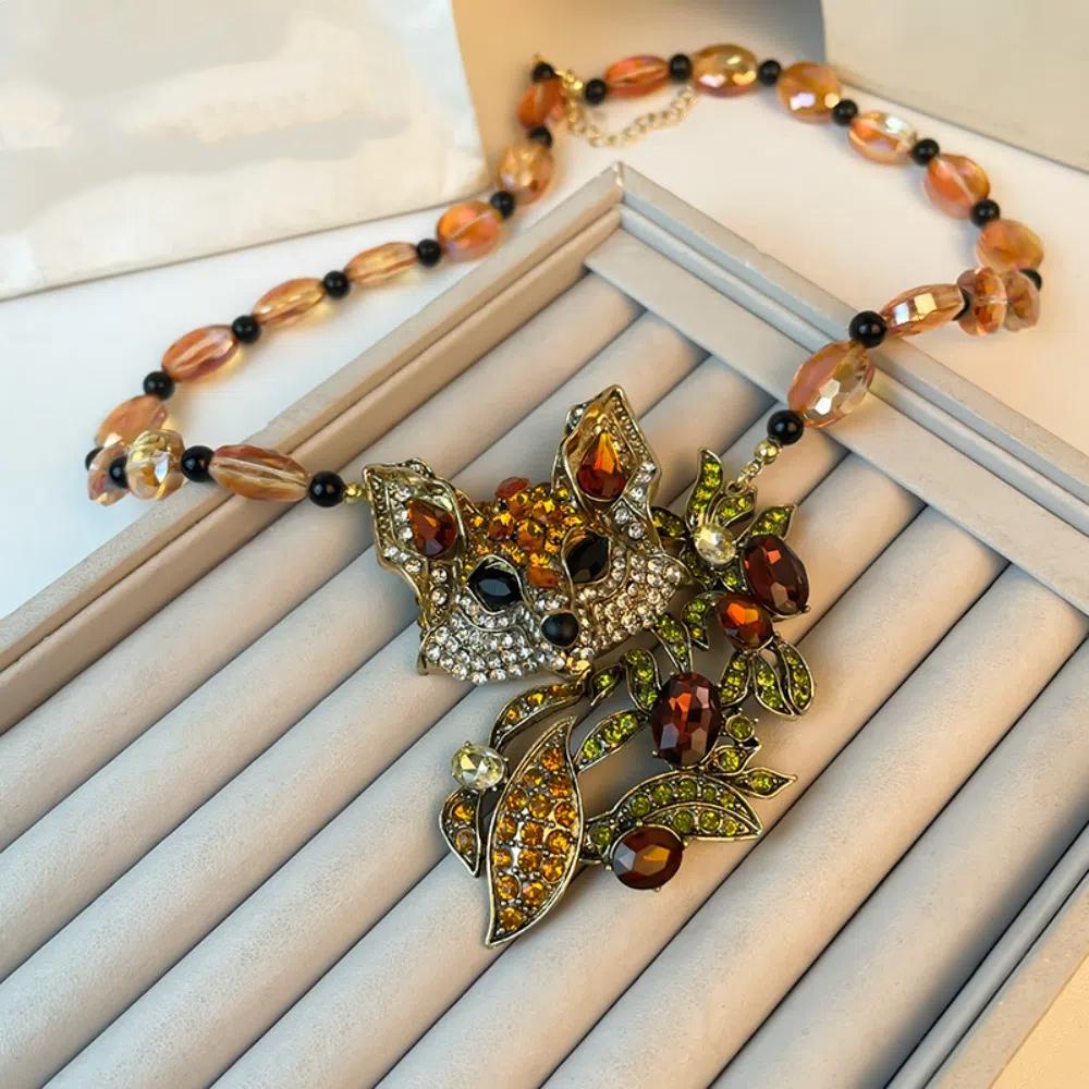 Exaggerated Crystal Cat Necklace Earrings Beaded Collarbone Chain Women  Party