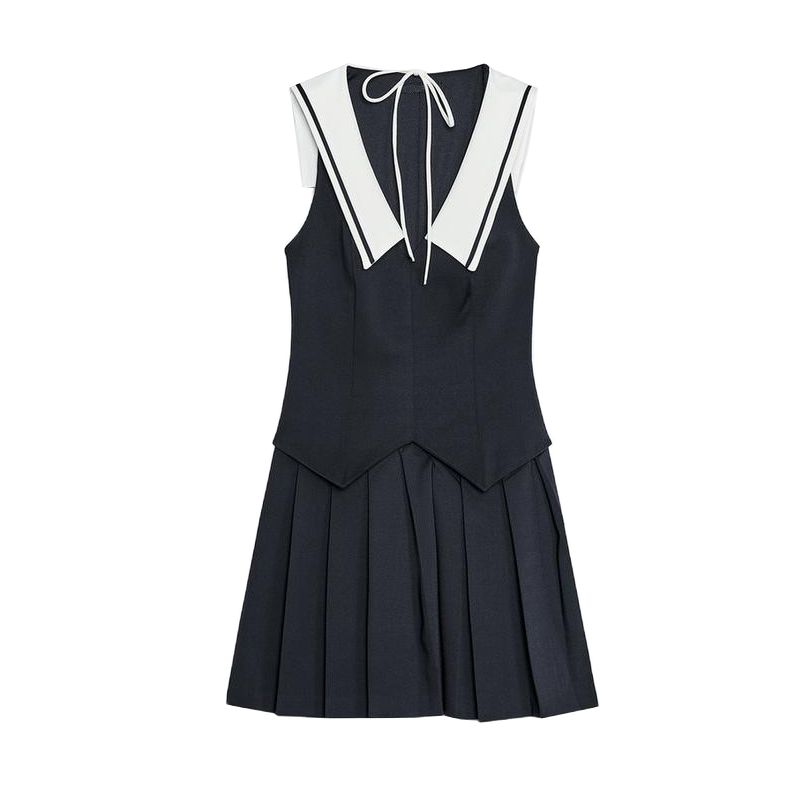 Spring and Summer Women's Clothing Navy Style Neckline Bowknot Decoration Wide Pleated V Neck Sleeveless Elegant Dress 4661393