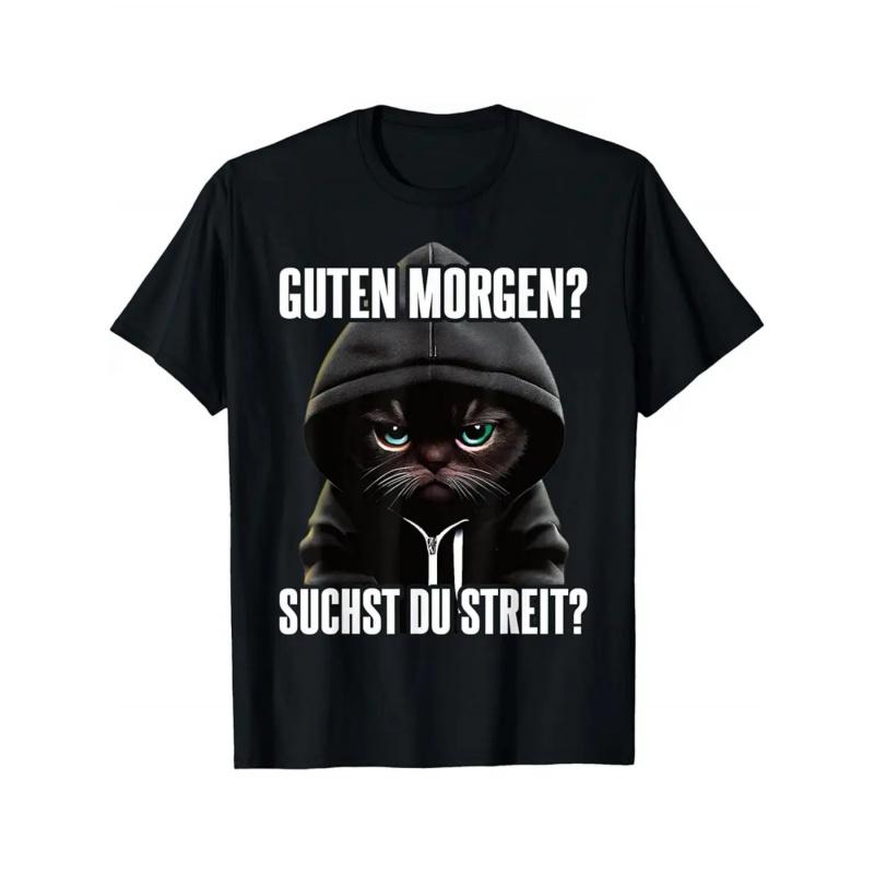 Men'S Casual Short Sleeve T-Shirt with German Guten Morgen Text & Angry Cat Graphic | Black Regular Fit Tee, Heat Transfer Print, All-Season Comfort,