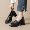 23761 High-heeled Women's Retro Leather Shoes Black Simple Commuting Silent Bottom Thick-heeled Single Shoes