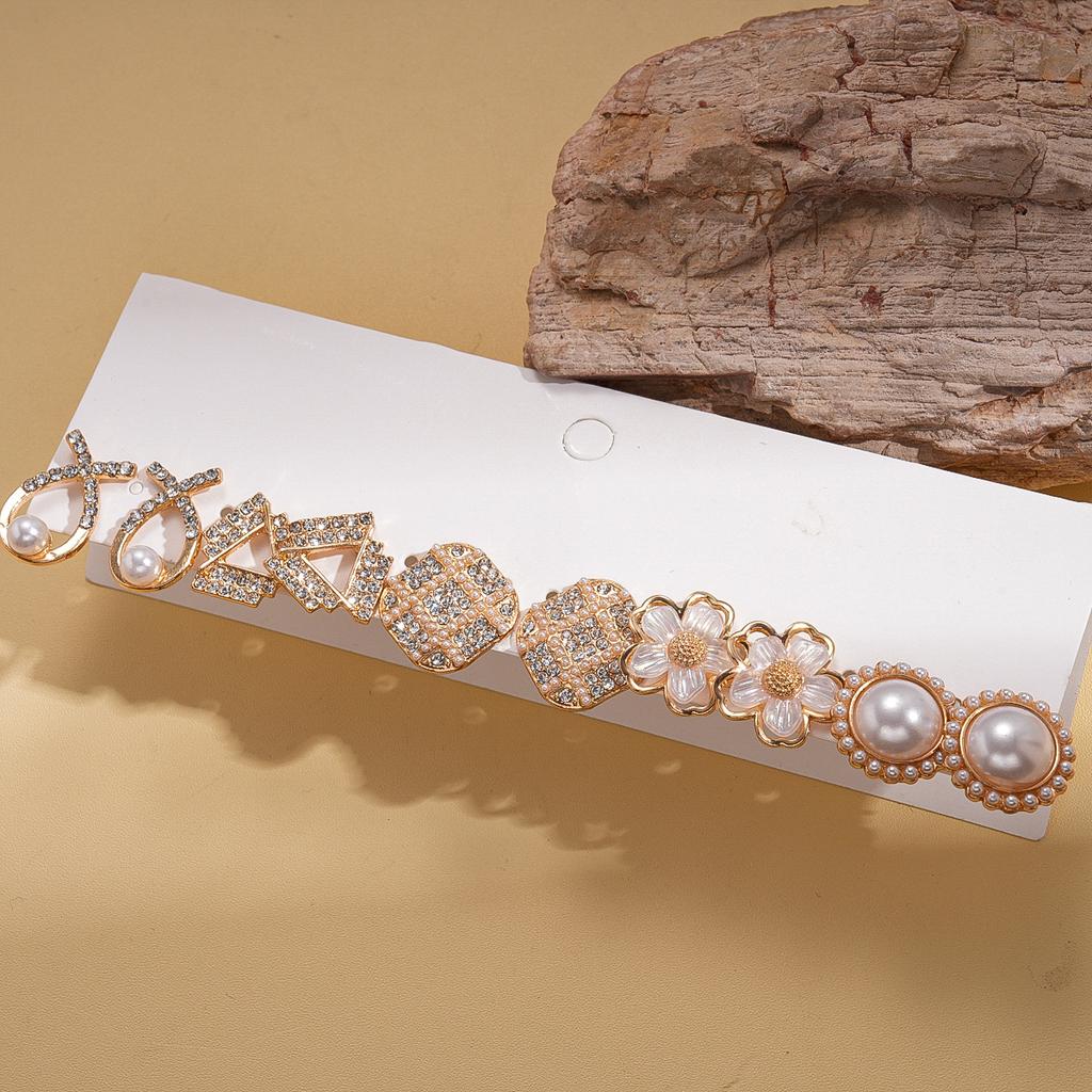 Ten-piece Set of Imitation Pearl Diamond Flower Silver Needle Earrings Exquisite Elegant Retro Earrings