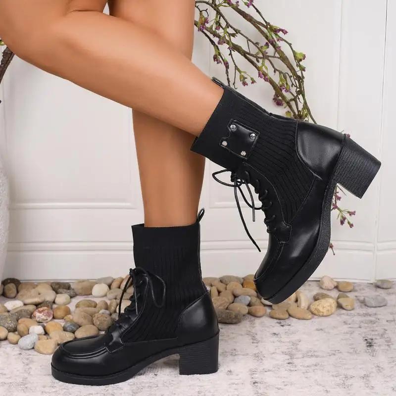 Fashion Vintage Metal Rivet Decoration Lace Up Ankle Boots Women 2025 Winter Round Toe Medium Heel Elastic Boots Elegant Solid Pu Shoes
