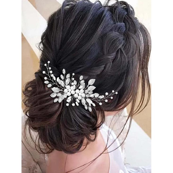 Yean Bride Leaf Bridal Hair Comb Pearl Wedding Hair Piece Rhinestone Hair Accessories for Women and Girls (Silver)