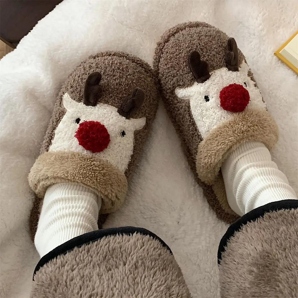 Shoes for Women Christmas Fluffy Fur Slipper Women Winter Warm Plush Home Slippers Flat Cute Slippers Men Women Couples Slippers