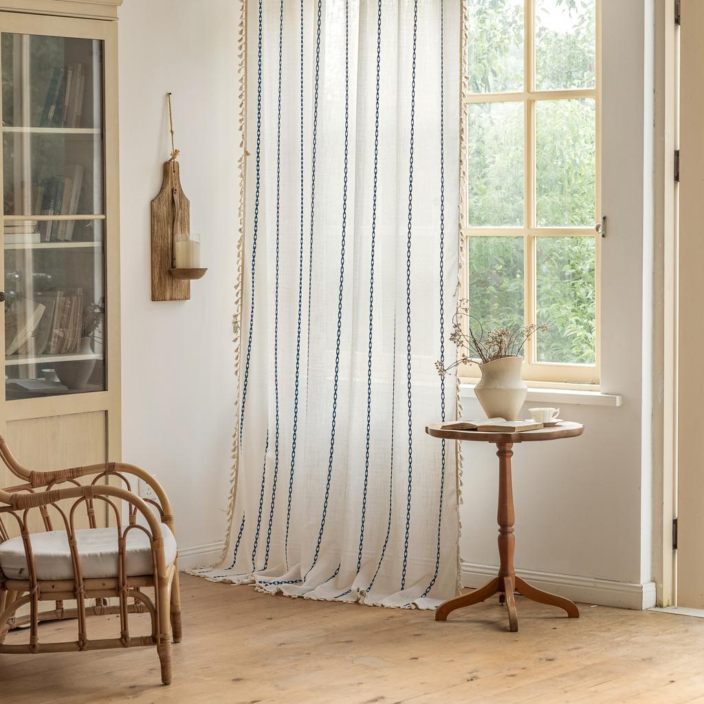 Embroidered Stripes White Partition Bedroom Decoration Bohemian Semi-Blackout Finished Curtains