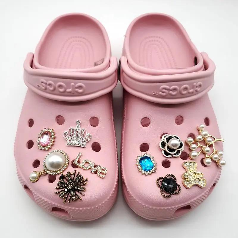 1Pcs Metal Pearl Camellia Flower Shoe Charms Shoes Decoration Diamond Chains Luxury Accessories for Women Girls Sandals Shoes