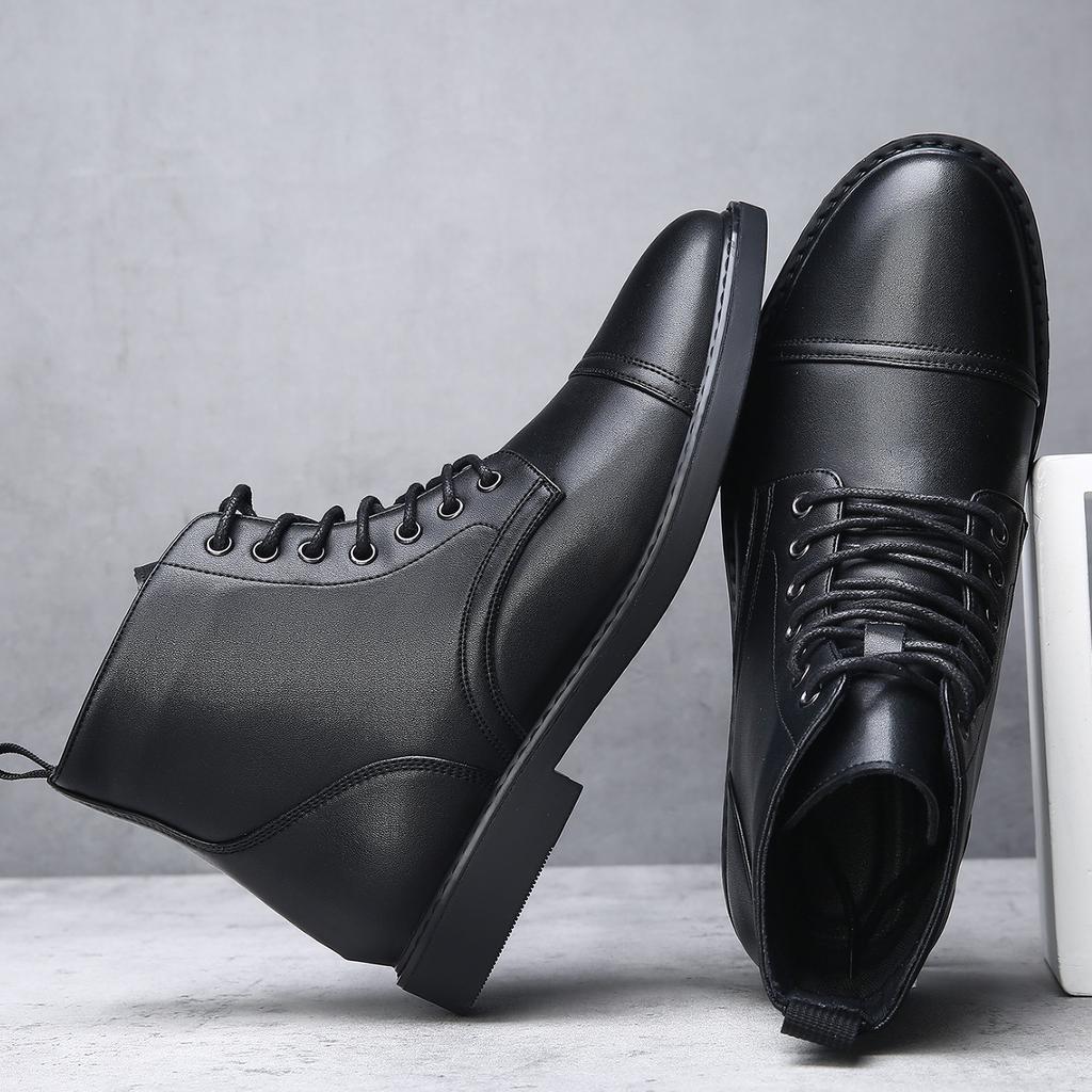 Black High Top Lace Leather Boots for Men Retro British Style Big Size Ankle Boot Male New Designer Autumn Winter Warm Shoes Man