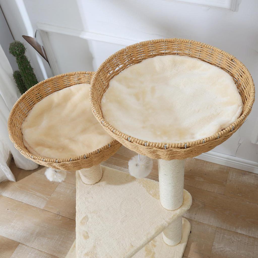 Cat Tree Tower with Rattan Basket and Sisal Climbing Frame
