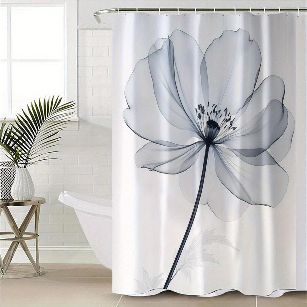 1Pc Simple Floral Pattern Shower Curtain, Polyester Fabric, Machine Washable, With Hooks, Suitable For Bathroom Decoration
