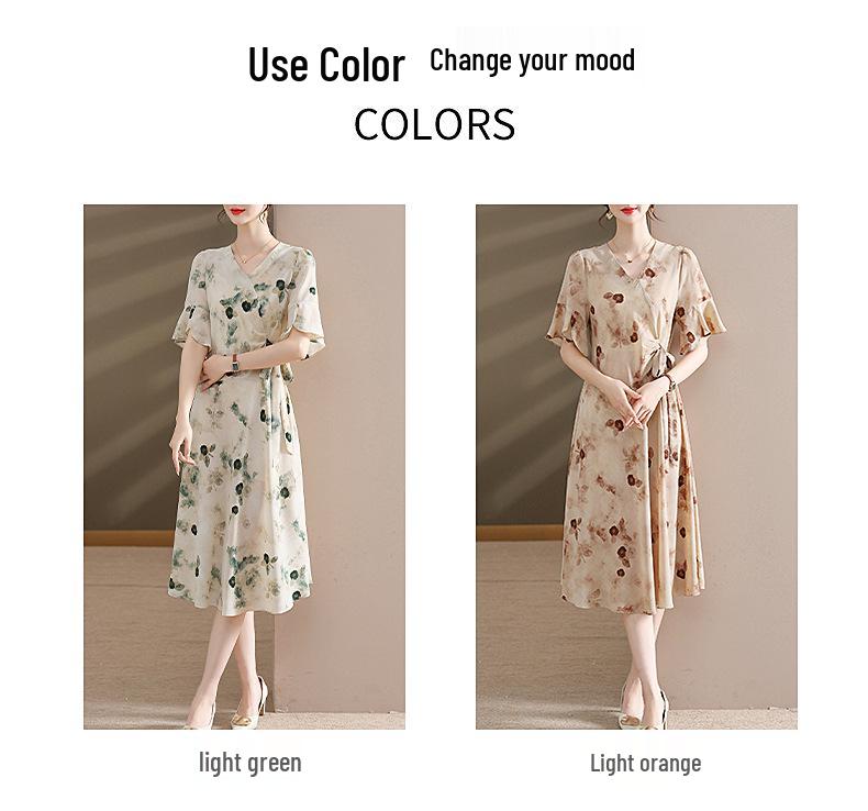 Summer V-Neck Chiffon Dress 2026: Stylish Waist-Cinched Design for Mom's Youthful Look