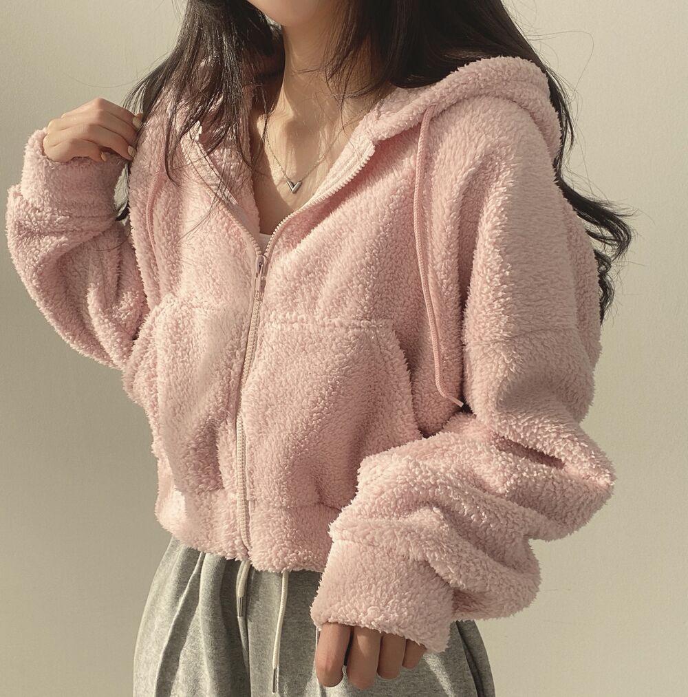 Women s Lambswool Fuzzy Hooded Sweatshirt - Thicken Warm Short Zipper Coat, Trendy Autumn/Winter 2026. Double Extra Large розовый