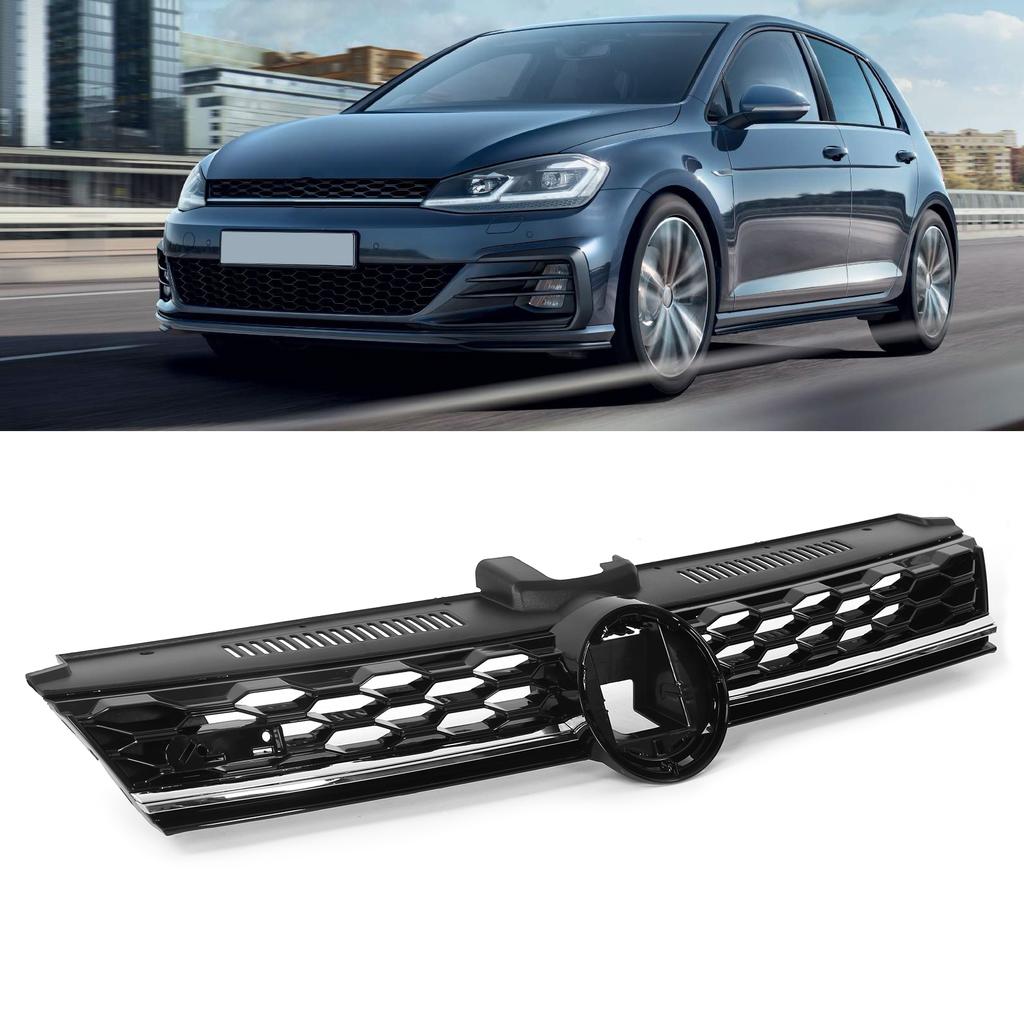 Gloss Black Lighting Package Honeycomb Grille Grills with Chrome Strip Replacement for MK7.5 GTD 2017‑2020