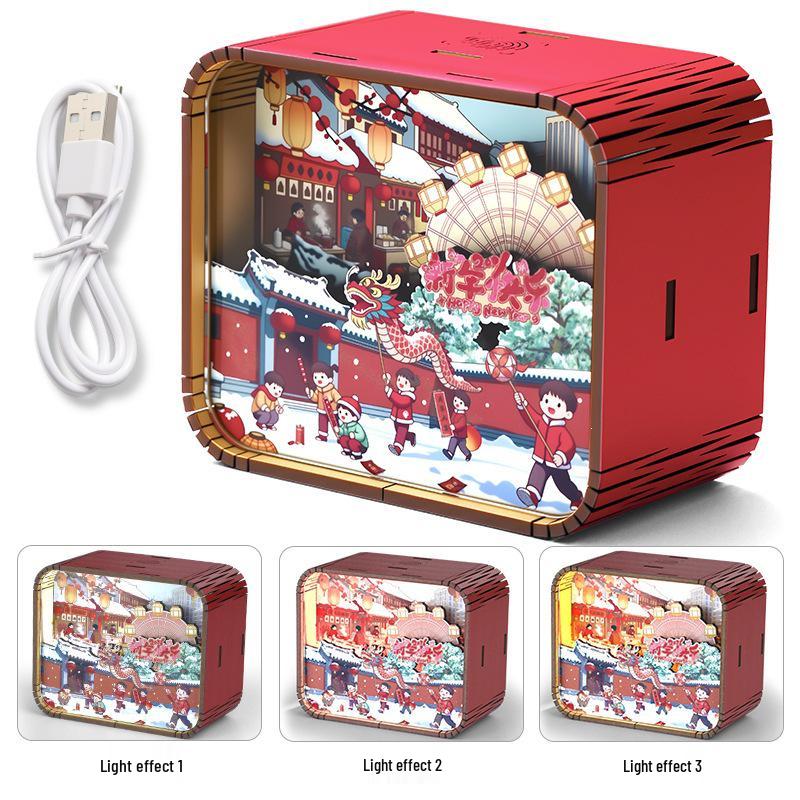 New Year Series Wooden Luminous Music Box with Light-Up Bell and Ambient Lamp