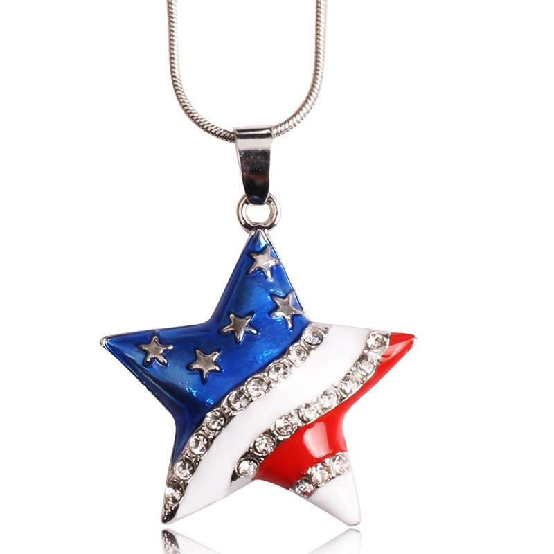 USA Flag Necklace US Love Heart Pentagram America Flag Necklace Full Iced Out Rhinestone Men Hip Hop Rock Pendant Neck Chains