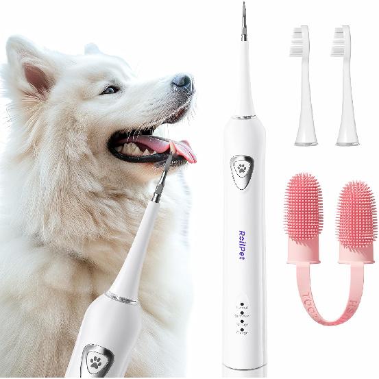 Dog Teeth Cleaning Kit, Dog Plaque and Tartar Remover with Dog Finger Toothbrush, Rechargeable Sonic Electric Dog Tooth Scraper & Brushing Kit for