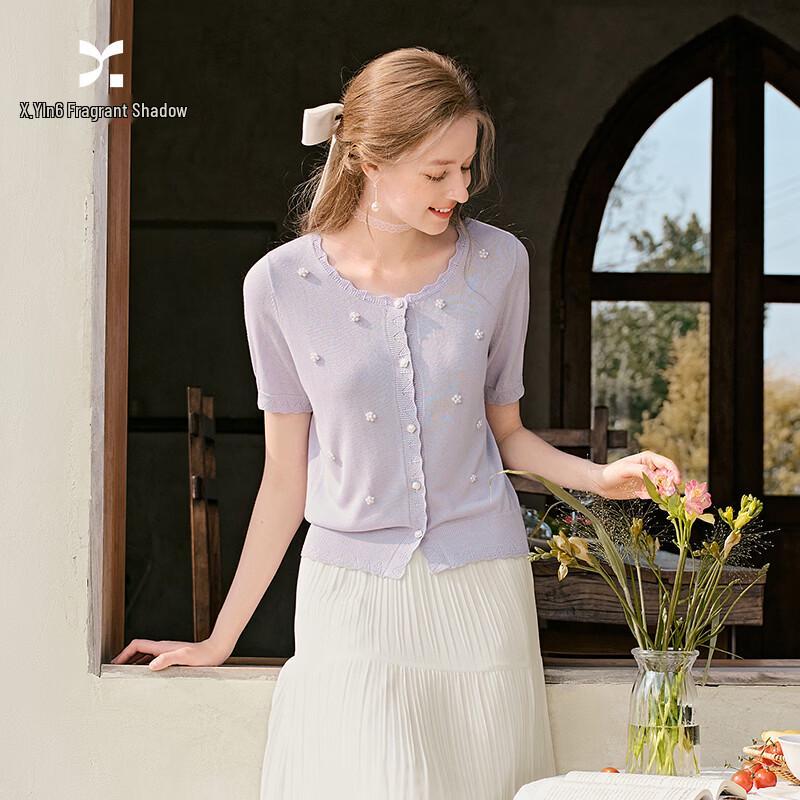 Women s Summer Floral Beaded Knit Cardigan T-Shirt XL