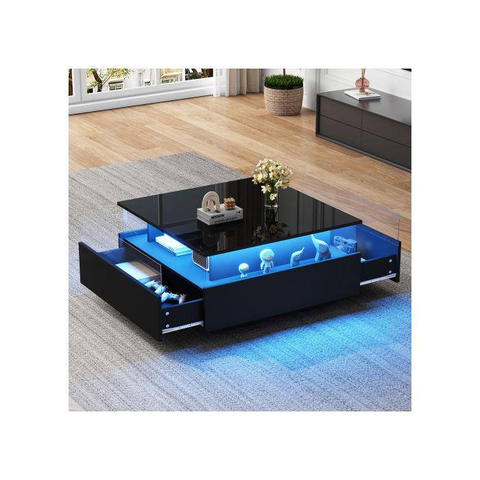 Măsuță de cafea LED modernă și lucioasă, 70*70*41cm, cu 2 sertare și o suprafață de expunere transparentă - capacitate de încărcare de 30kg