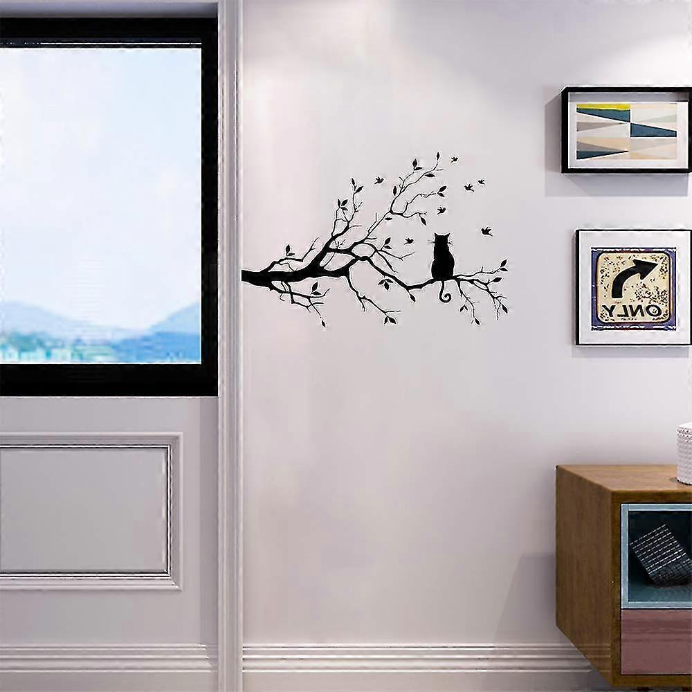 Takken met Bladeren en Kat Muurstickers Verwijderbaar Vinyl Vogelstickers Huisdecoratie Kamer