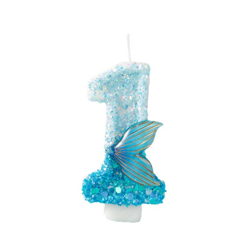 Creative Blue Gradient Mermaid Tail Number Candle for Children's Birthday Cake Party, Age One