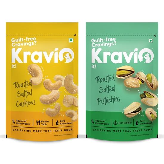 Kravio Premium Roasted Salted Cashew & Pistachio Nuts (2 X 200g) |Inshell California Pista Nuts & Dry Fruits | Crunchy Delicious Healthy Snacks