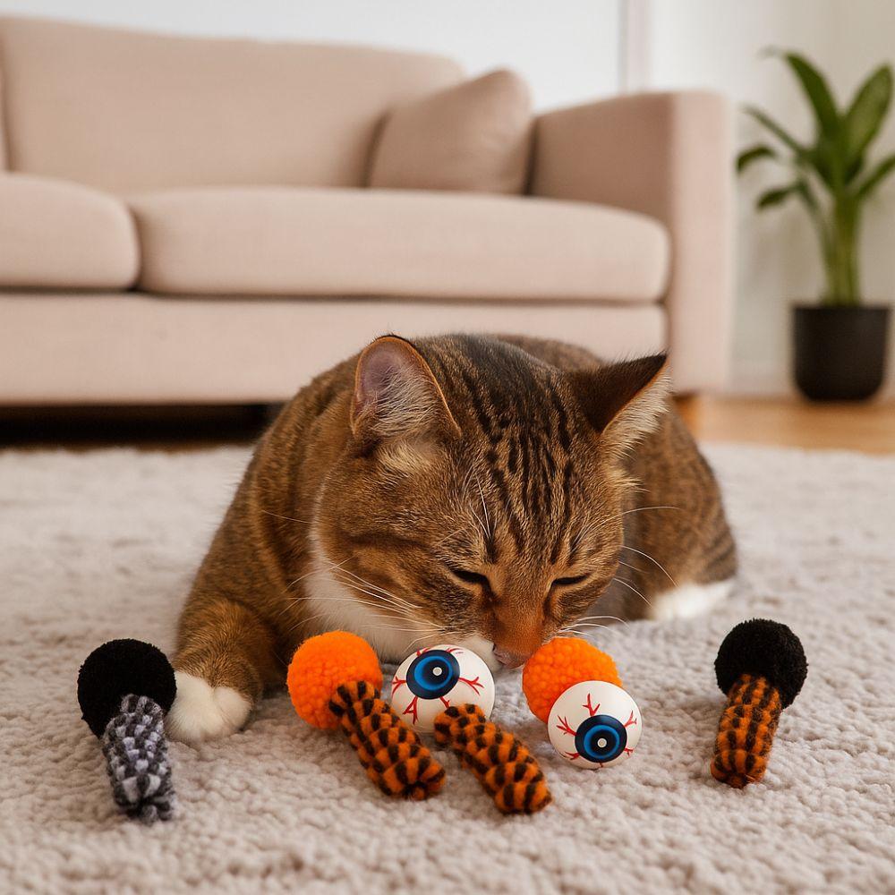 Husdjursartiklar Bitbeständiga Halloween-kattleksaker Spiralgarn Kattretarleksaker med Boll Ögonglob Fjäder Självunderhållning