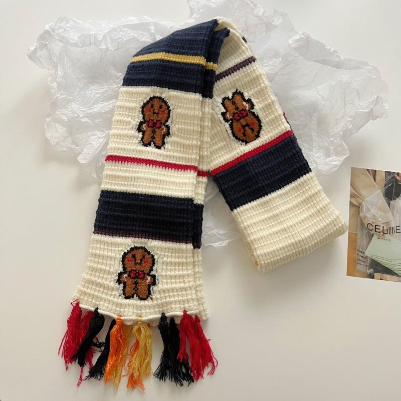 The Atmosphere Is Full! Hand Embroidered Snowman Knitted Scarf for Women's Christmas New Warm and Thickened Student Scarf Tassel