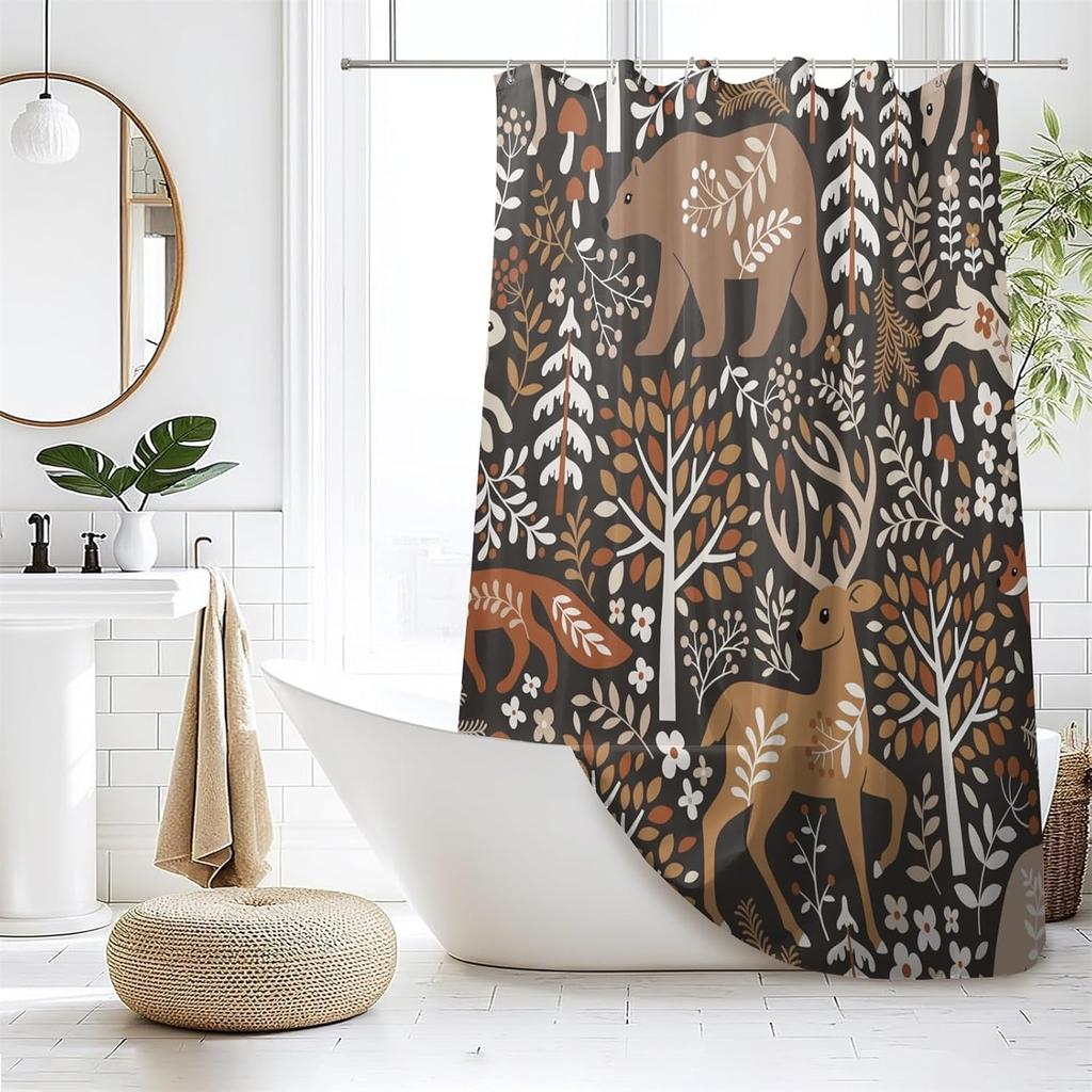 Renaiss Rustic Cabin Shower Curtain Brown Woodland Farmhouse Bath Curtain Hunting Deer Bear Elk Forest Wild Safair Bathroom Decor Animal Shower
