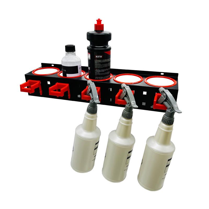 Wall-Mounted Spray Bottle Rack with 5 Holes & Hooks for Garage Storage