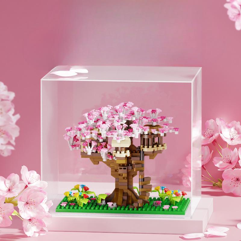 Blocuri de construcție casă în copac cu flori de cireș roz, blocuri de construcție cu microparticule, jucărie puzzle de asamblare pentru copii, compatibilă cu fete