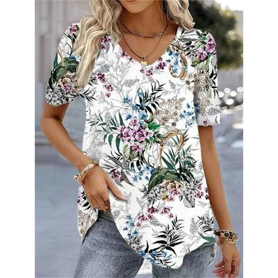 Fashion Woman Blouses T-shirt Women's 3d Flower Print White Kawaii V-neck T Shirt Female Clothing Oversized Summer Tops Tee