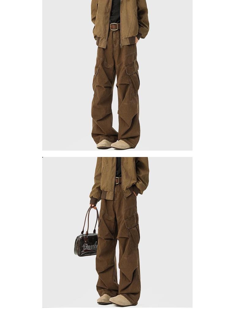 Men's Mylar Brown Cargo Pants: American Retro Multi-Pocket, Autumn/Winter CleanFit Micro-Flare Jeans