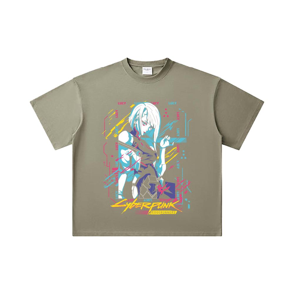 260 GSM Dubbel Garen 32 Count 100% Katoen Cyberpunk Edgerunners V1 Lucy Print Unisex Zwaar Katoen T-shirt