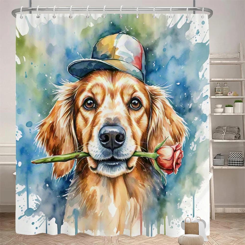 Watercolor cats and dogs funny shower curtain bathroom curtain Amusing and creative animal Decorative curtain with hooks