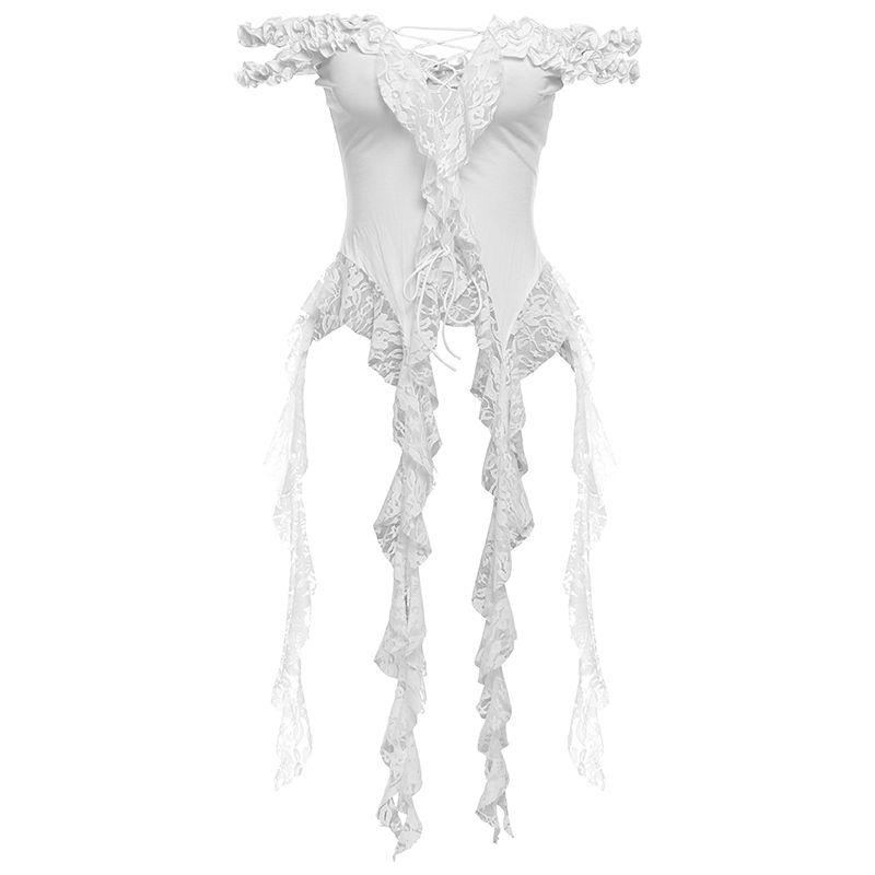 

# Sisjuly# Vacation Fairy Style Lace Crocheted Texture off-Shoulder Ribbon Easiest for Match Strappy T-shirt Female Summer White S