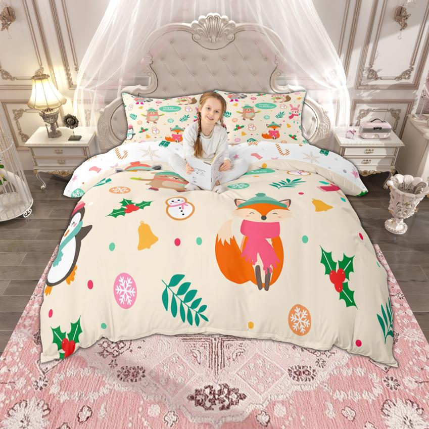 Homewish Kids Merry Christmas Duvet Cover Set, Cute Snowman Santa Claus Bedding, Tree Quilt Cover Set