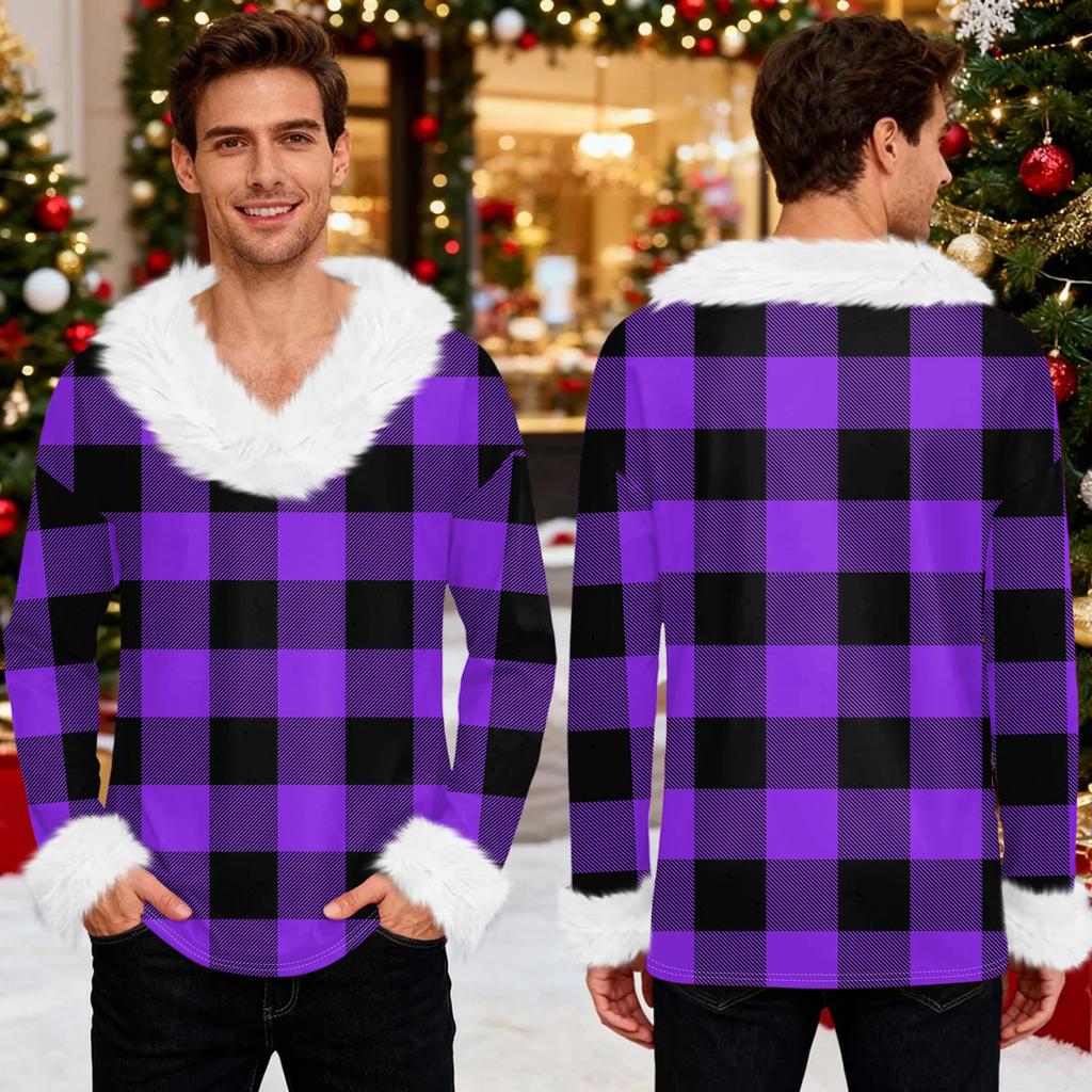 Men's Christmas Printed Fleece Lined Hoodie | Faux Trim Party Sweatshirt With Pocket | Plus Size Loose Fit Holiday Pullover