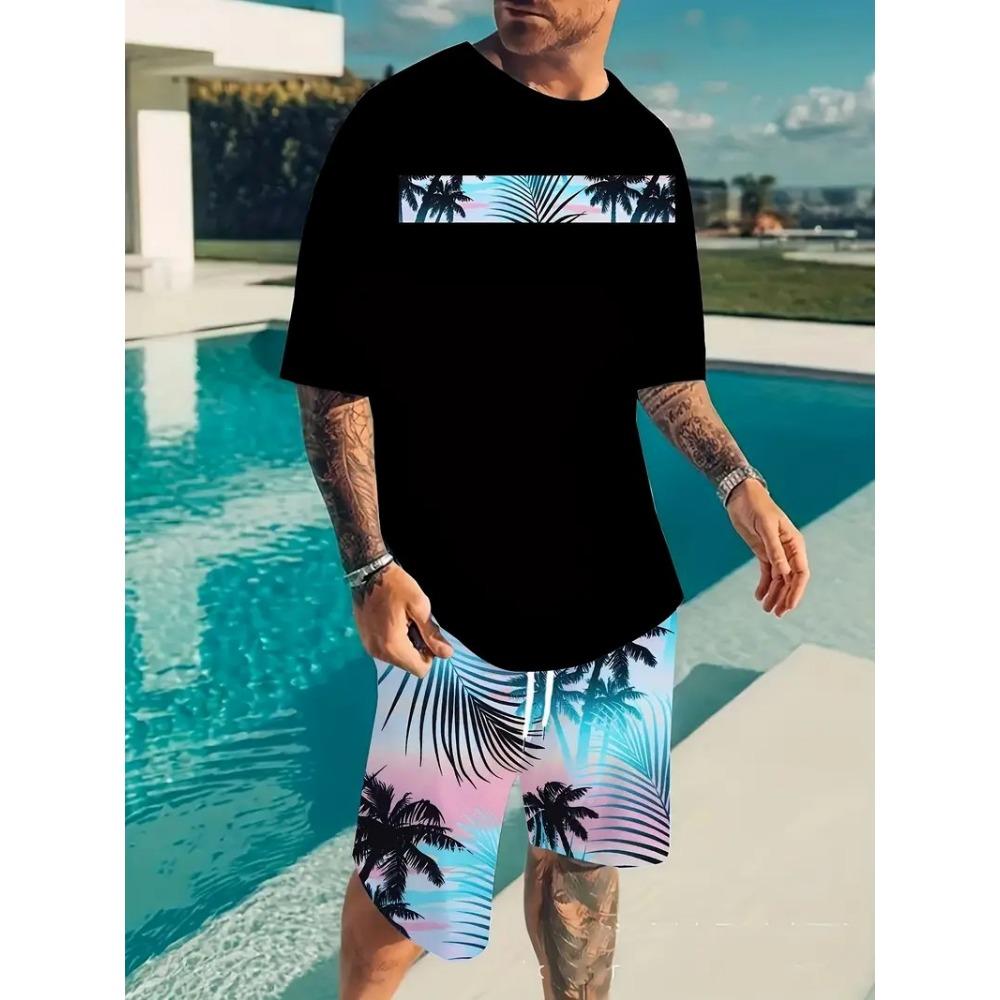 Cartoon Print Summer Casual Men's Suit Urban Fashion Street Short Sleeved Top and Shorts Casual Lightweight Breathable T-shirt Set