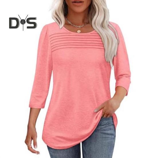 Damen-Oberteile, Rundhalsausschnitt, 3/4-Ärmel, plissierte Bluse, Frühling/Sommer, einfarbig, lockere Passform, lässiges T-Shirt für den Alltag