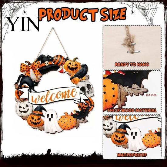 Fall Front Porch Signs Halloween Wooden Wreath Door Hanger Sign, Pumpkin Ghost Black Cat Witch Ornaments Bat Patterns, Hanging Plaque for Farmhouse