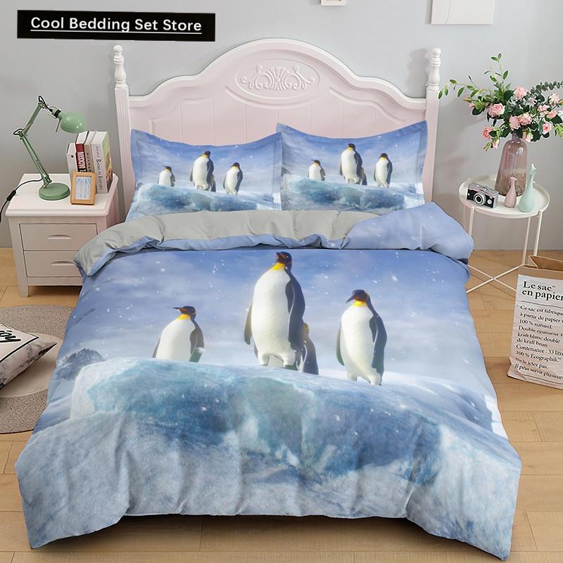 Penguin King Queen Duvet Cover Lovely Black White Antarctic Animals Bedding Set for Kids Wildlife 2/3pcs Polyester Quilt Cover