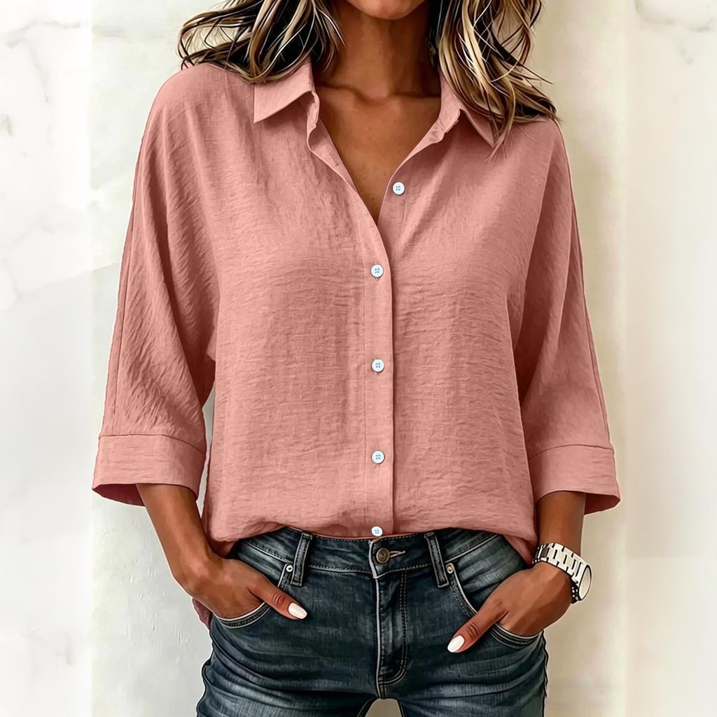 Women Linen Shirt Casual Loose Fit Three Quarter Sleeve Single Breasted Button Down Blouse Solid Basic Top for Daily Wear