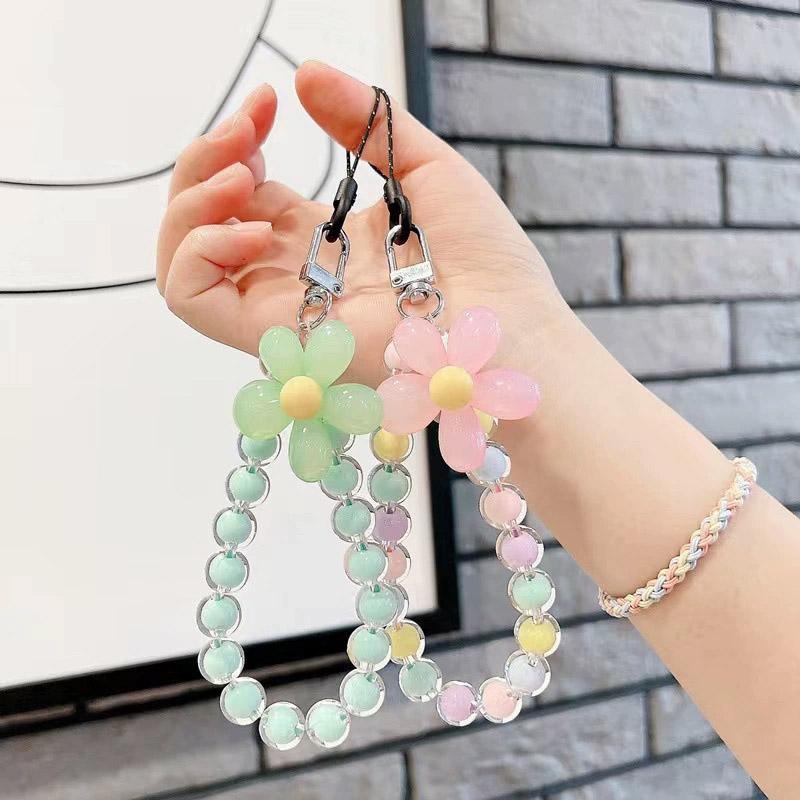 Cell Phone Lanyard Keychain on The Phone Macaron Color Beads Pendant Mobile Phone Rope Flowers Keychains Accessorie