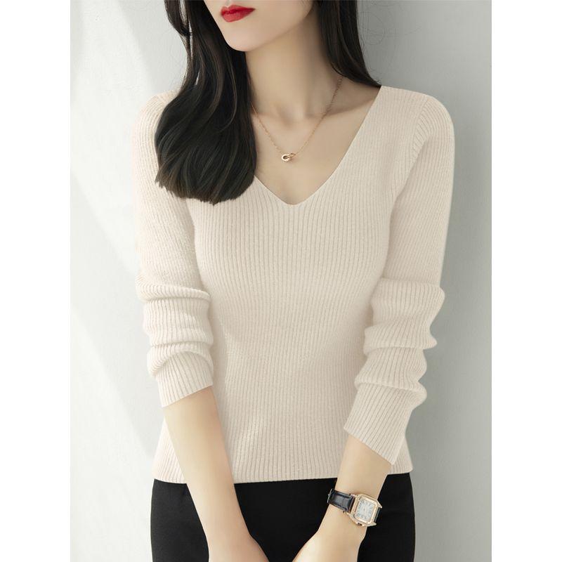 

Весна и Осень Модный V-образный вырез Простота Длинные рукава Внутренняя базовая рубашка Свитер Мода Новое поступление Все сочетается Приталенный трикотаж Женщины Apricot color XL