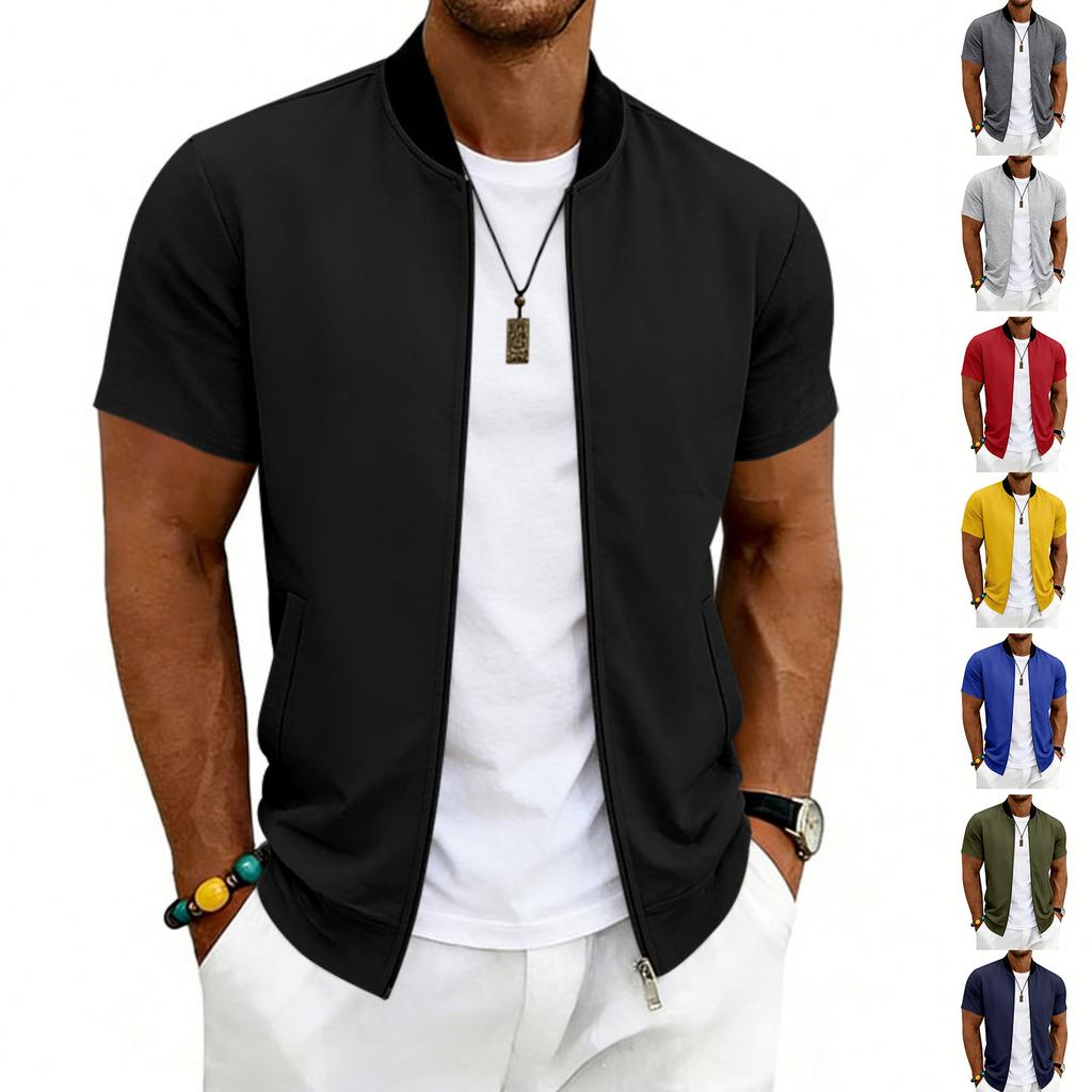 Men Short Sleeve Jacket Lightweight Zipper Front Casual Stand Collar Outerwear for Summer Spring Fall