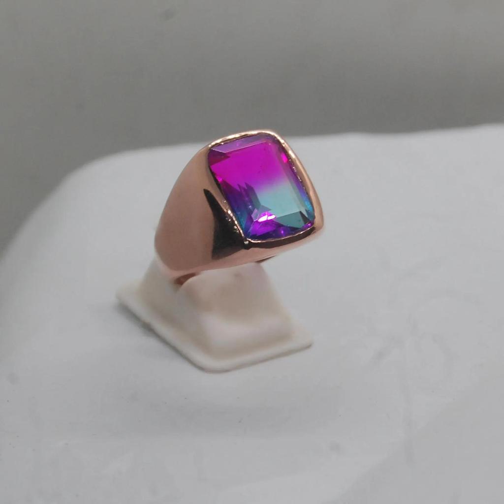 Blue Pink Tourmaline Quartz Sterling Silver Rose Gold Fill Ring Jewelry