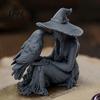 Wystrój Pokoju w Stylu Retro Statua Wiedźmy Drukowana 3D, Rzeźba Kruka i Gotycka, Biurko Dark Academia Figurka Mistyczna na Halloween do Domu