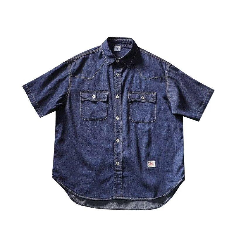 

Японский ретро модный бренд летняя свободная джинсовая рубашка с короткими рукавами художественная молодежная рабочая рубашка мужская и женская многослойная куртка 2XL темно-синий