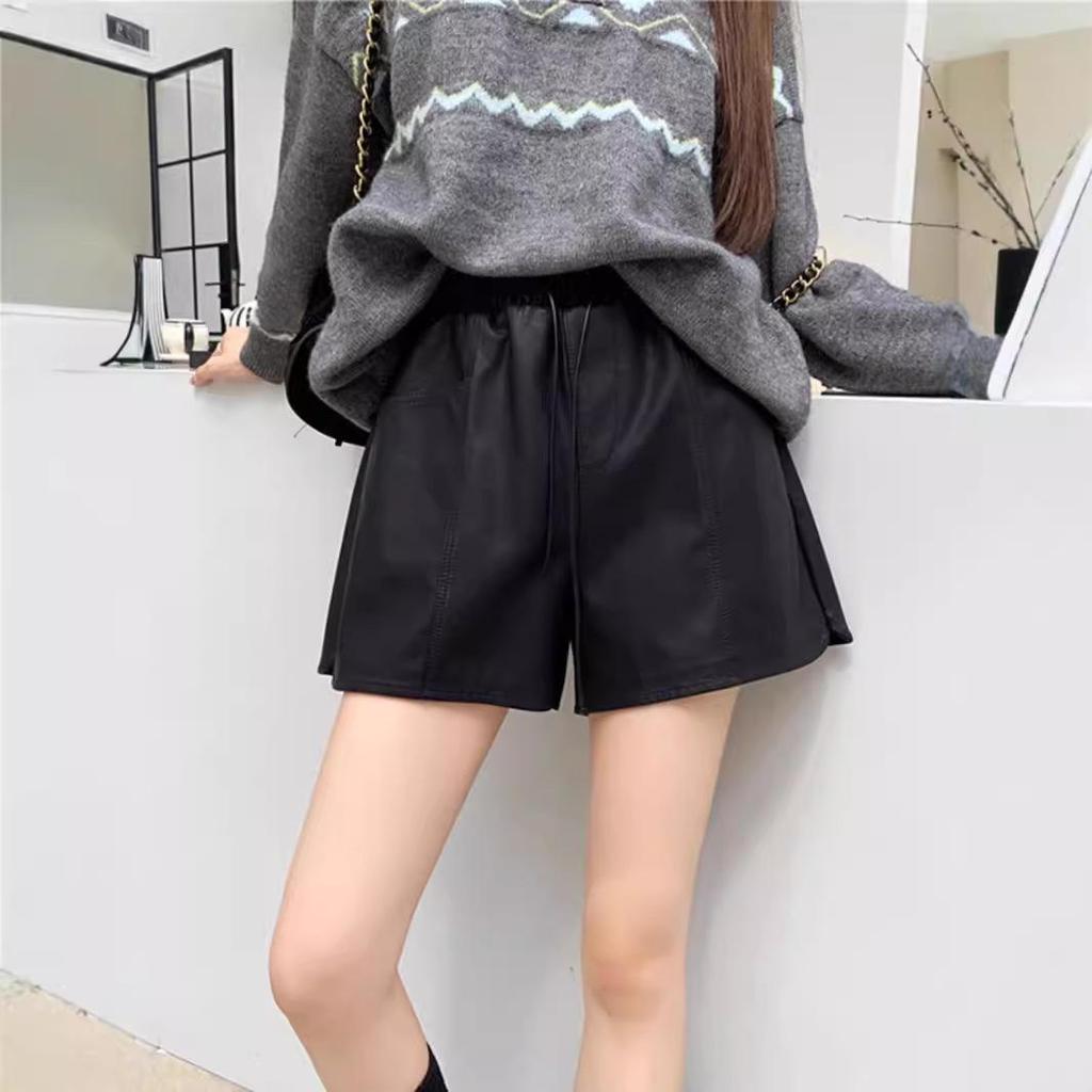 Women's High-Waist PU Leather Shorts, Autumn 2024: New Mylar Style, Slimming, Versatile, Drawstring, Wide-Leg, Casual Pants