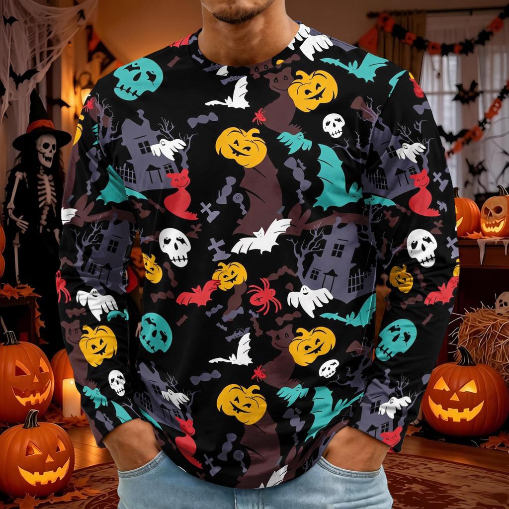 Men's Halloween Long Sleeve T-Shirt Neck Loose Fit Casual Versatile Top